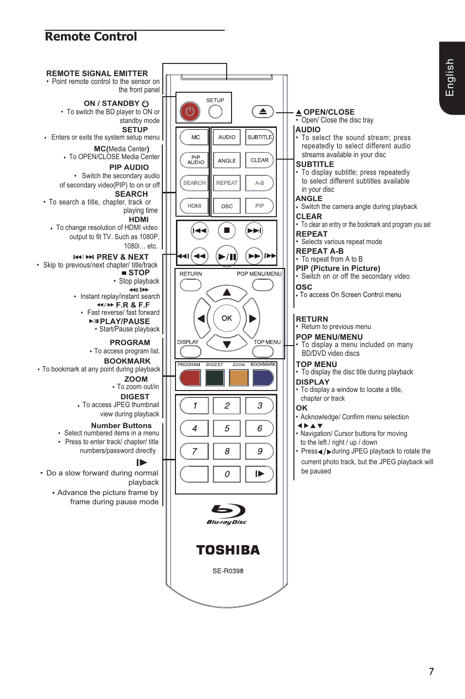 Remote control, E ng lis h | Toshiba BDX1100 User Manual | Page 7 / 44