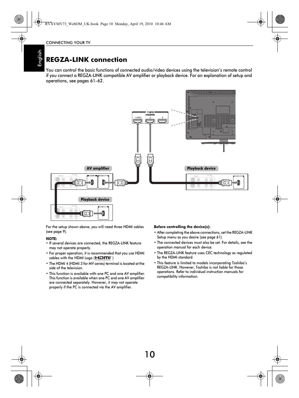 Regza-link connection | Toshiba MV732 User Manual | Page 10 / 73
