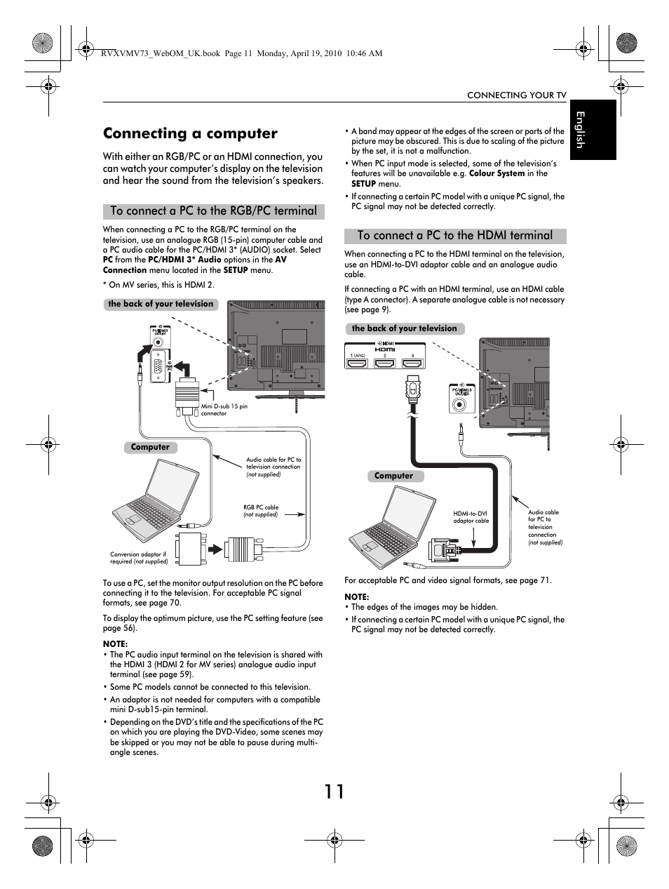 Connecting a computer | Toshiba MV732 User Manual | Page 11 / 73
