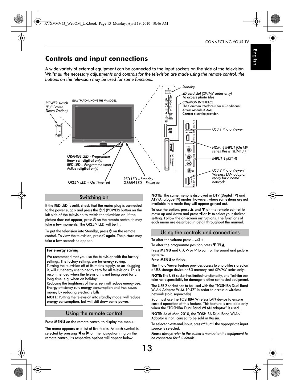 Controls and input connections, Switching on | Toshiba MV732 User Manual | Page 13 / 73