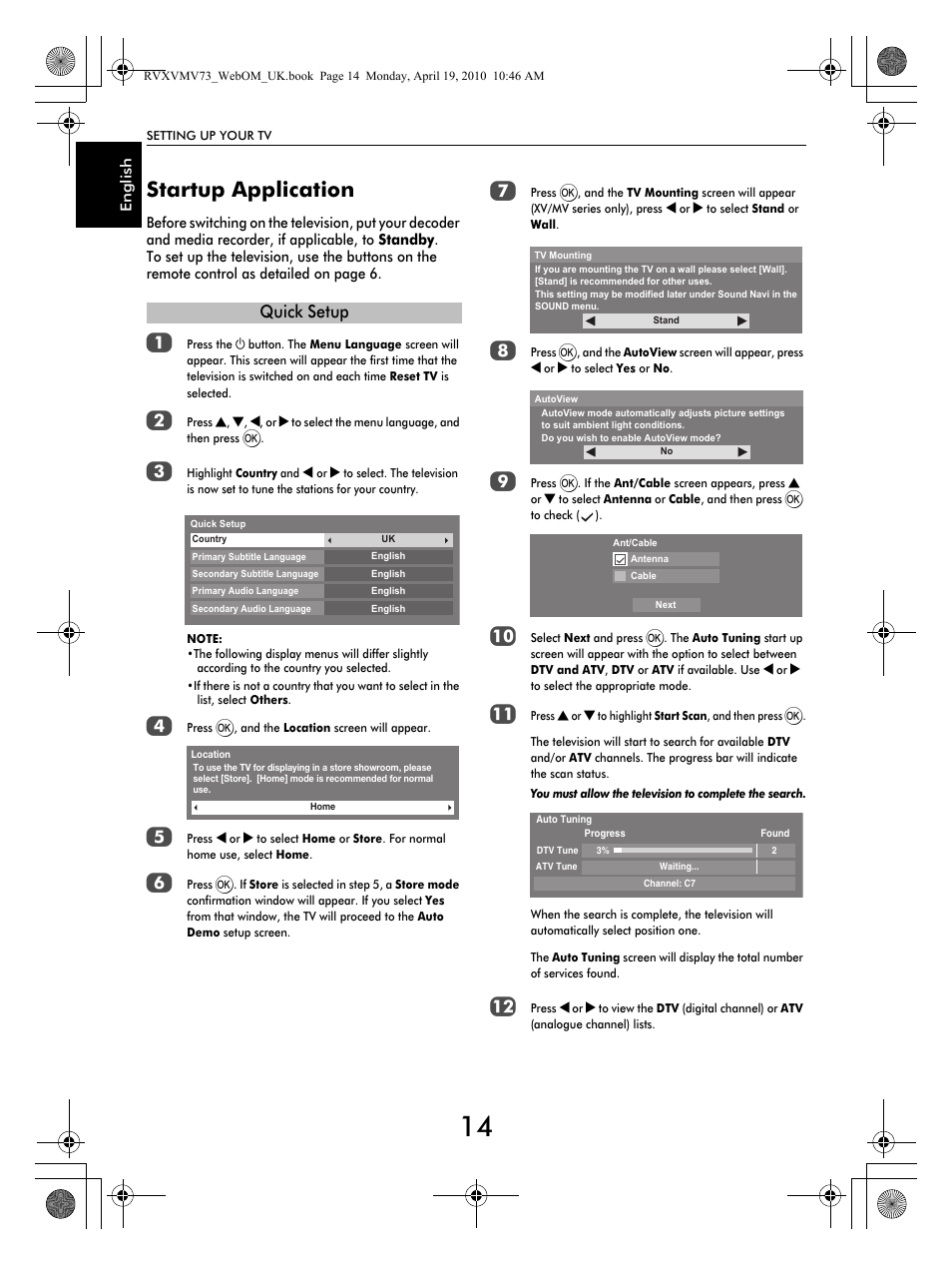 Startup application, Quick setup | Toshiba MV732 User Manual | Page 14 / 73