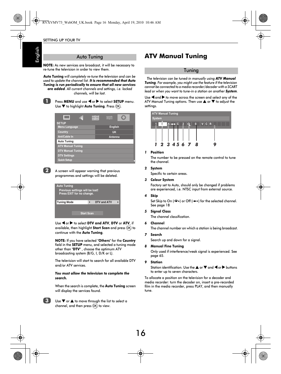 Atv manual tuning, Auto tuning, Tuning | Toshiba MV732 User Manual | Page 16 / 73