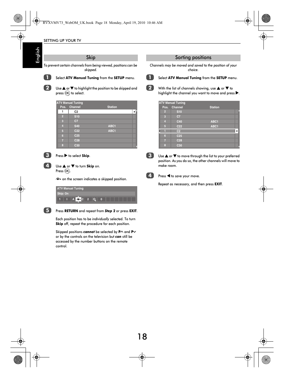 Skip, Sorting positions | Toshiba MV732 User Manual | Page 18 / 73