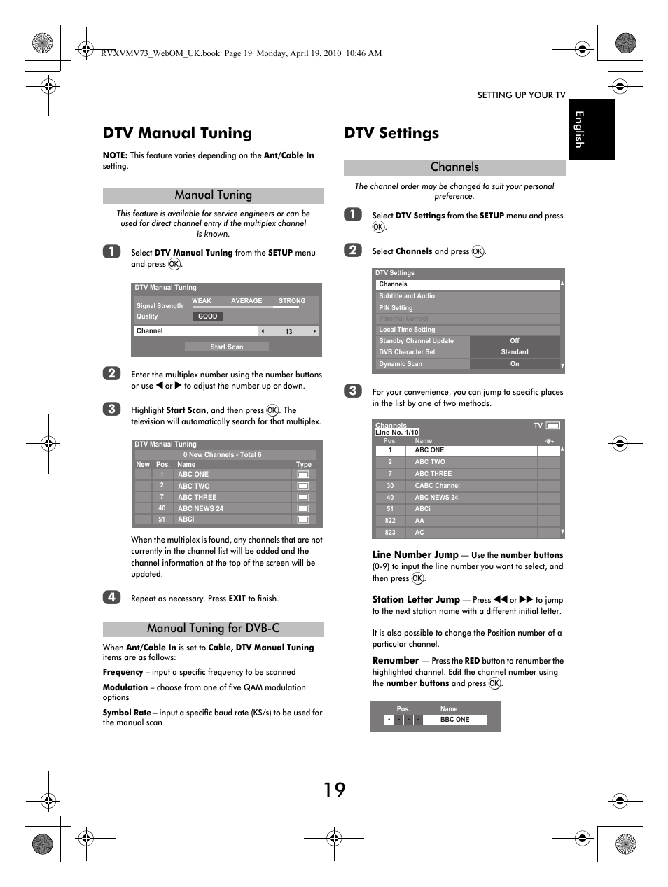 Dtv manual tuning, Dtv settings, Manual tuning manual tuning for dvb-c | Channels | Toshiba MV732 User Manual | Page 19 / 73