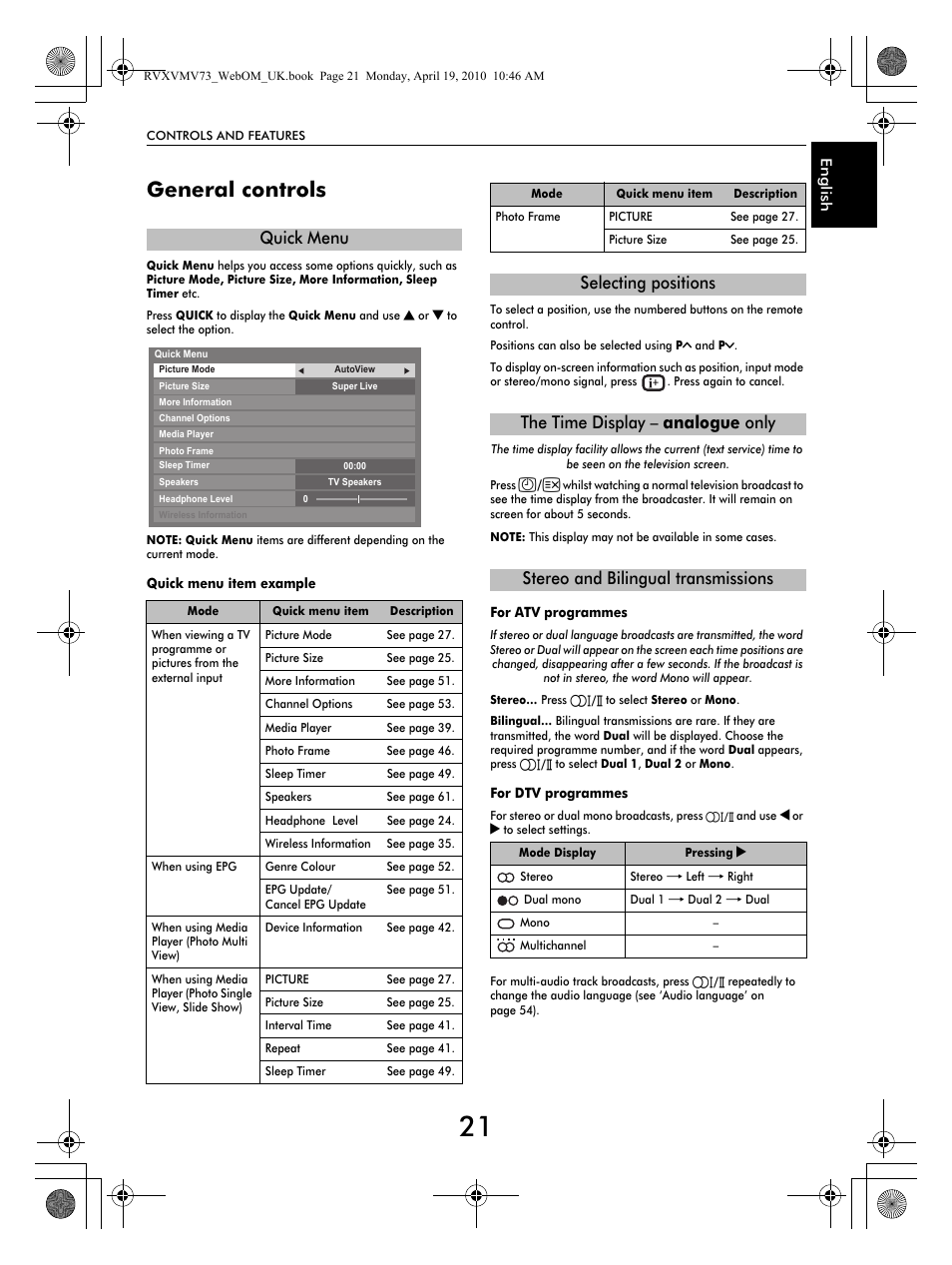 General controls, Quick menu | Toshiba MV732 User Manual | Page 21 / 73