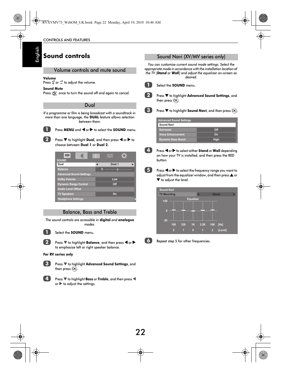 Sound controls, Sound navi (xv/mv series only) | Toshiba MV732 User Manual | Page 22 / 73