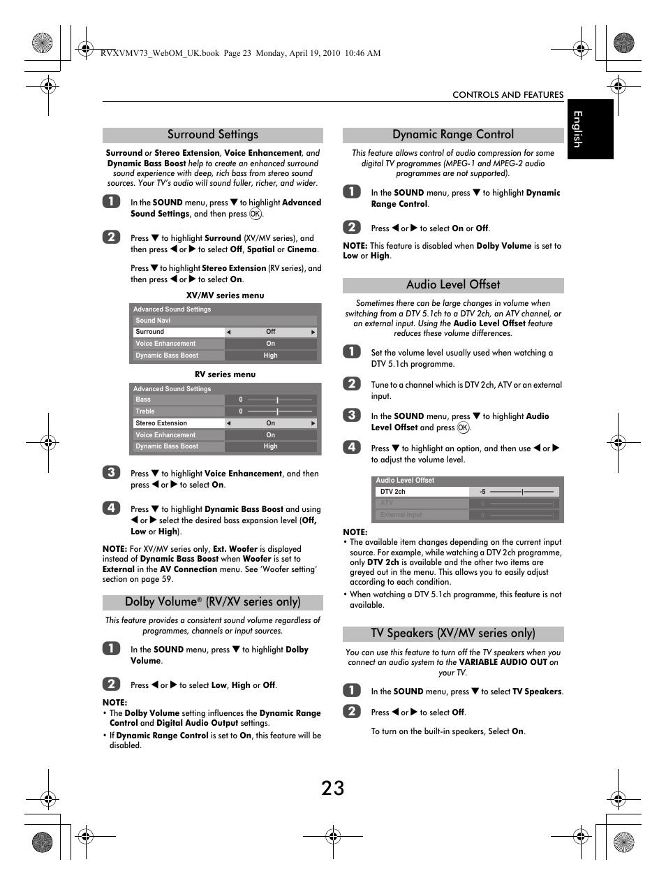 Surround settings dolby volume, Rv/xv series only) | Toshiba MV732 User Manual | Page 23 / 73