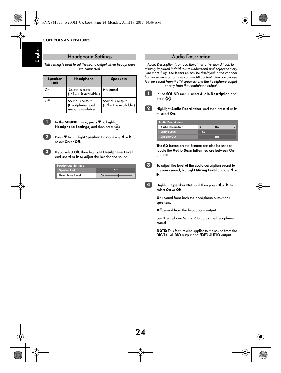 Headphone settings, Audio description | Toshiba MV732 User Manual | Page 24 / 73