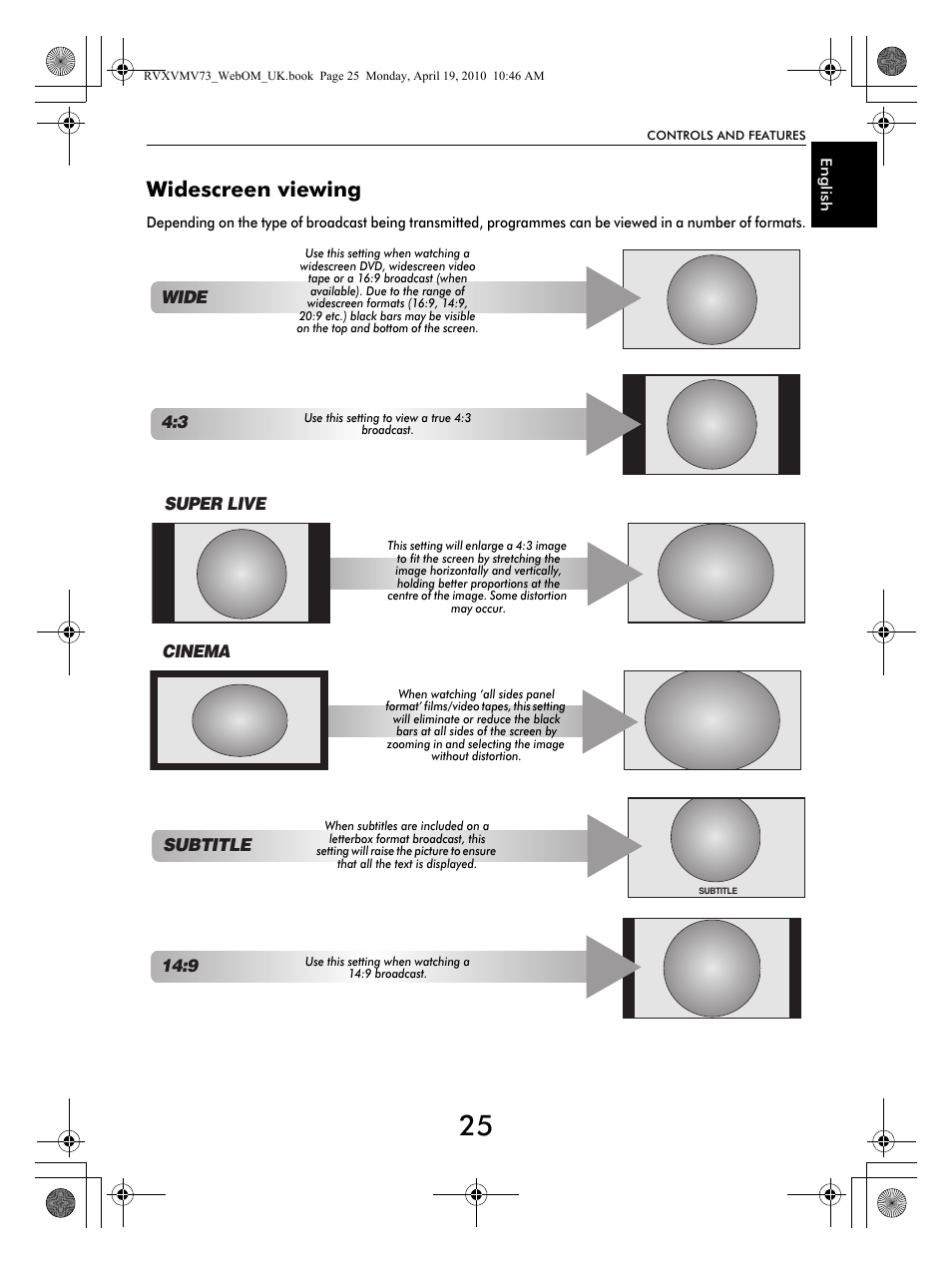 Widescreen viewing, Subtitle, Super live | Cinema, Wide | Toshiba MV732 User Manual | Page 25 / 73