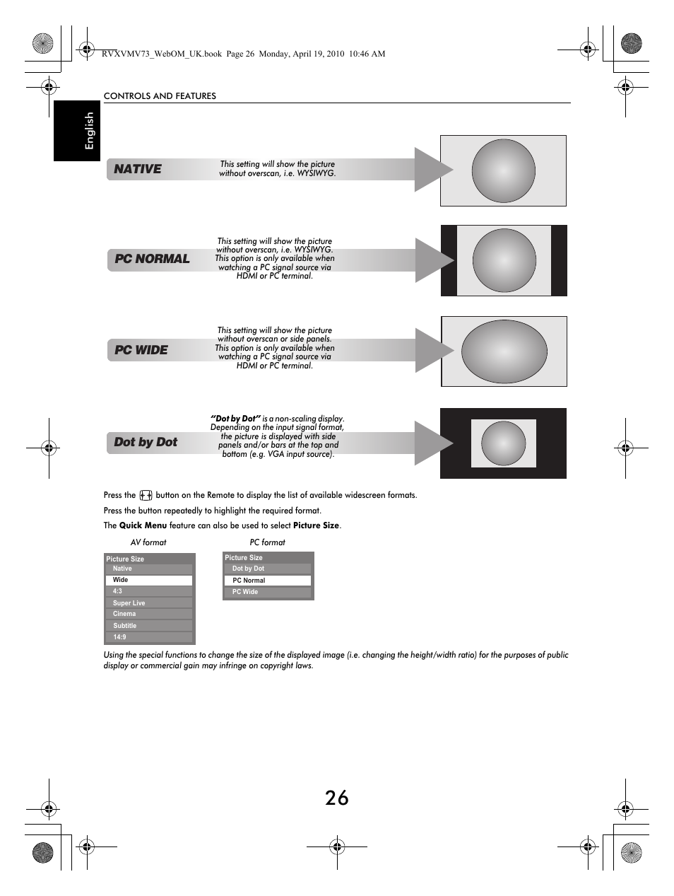 Dot by dot pc normal, Pc wide, Native | Toshiba MV732 User Manual | Page 26 / 73