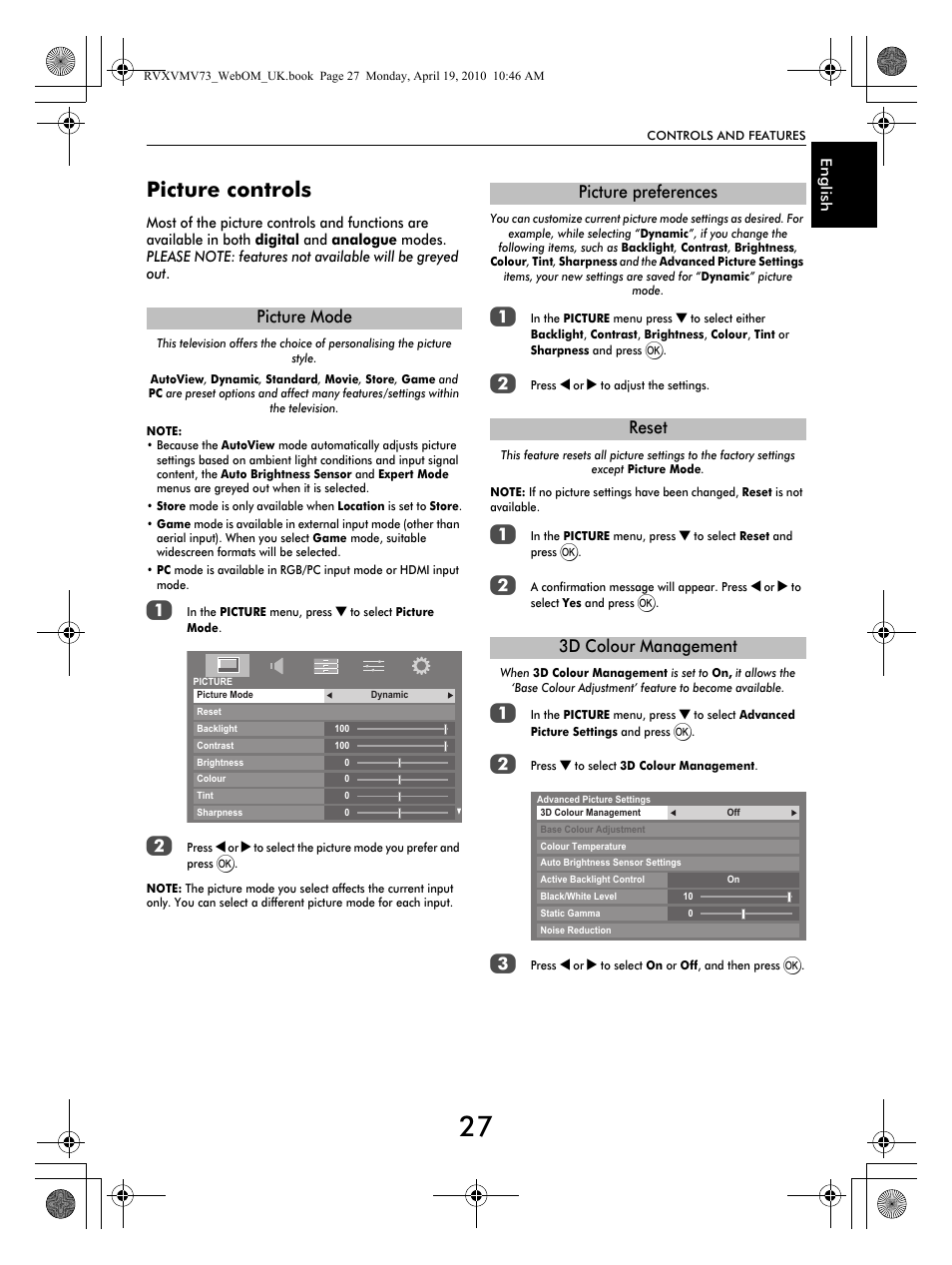 Picture controls, Picture mode, Picture preferences reset 3d colour management | Toshiba MV732 User Manual | Page 27 / 73