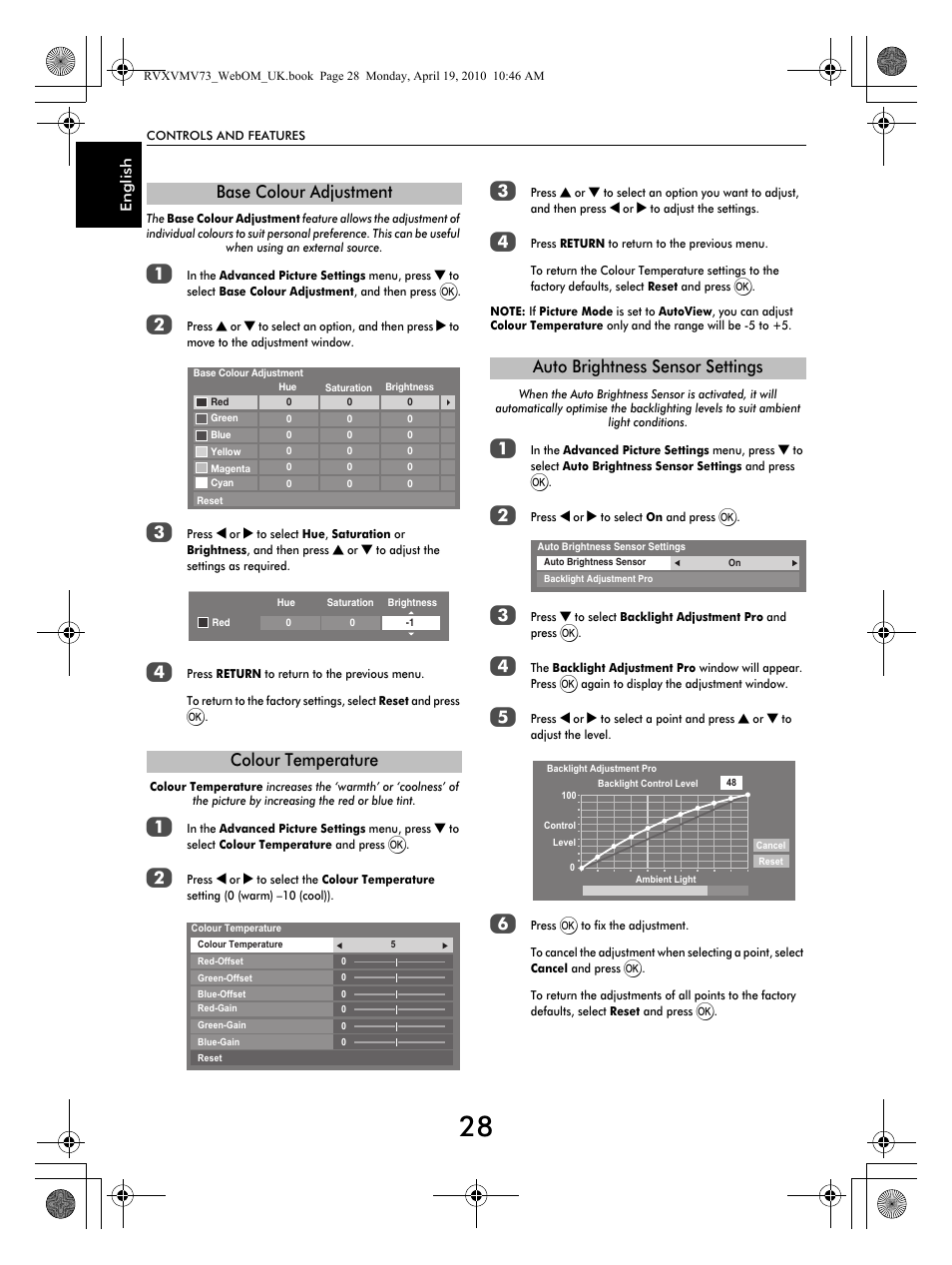 Base colour adjustment colour temperature, Auto brightness sensor settings | Toshiba MV732 User Manual | Page 28 / 73