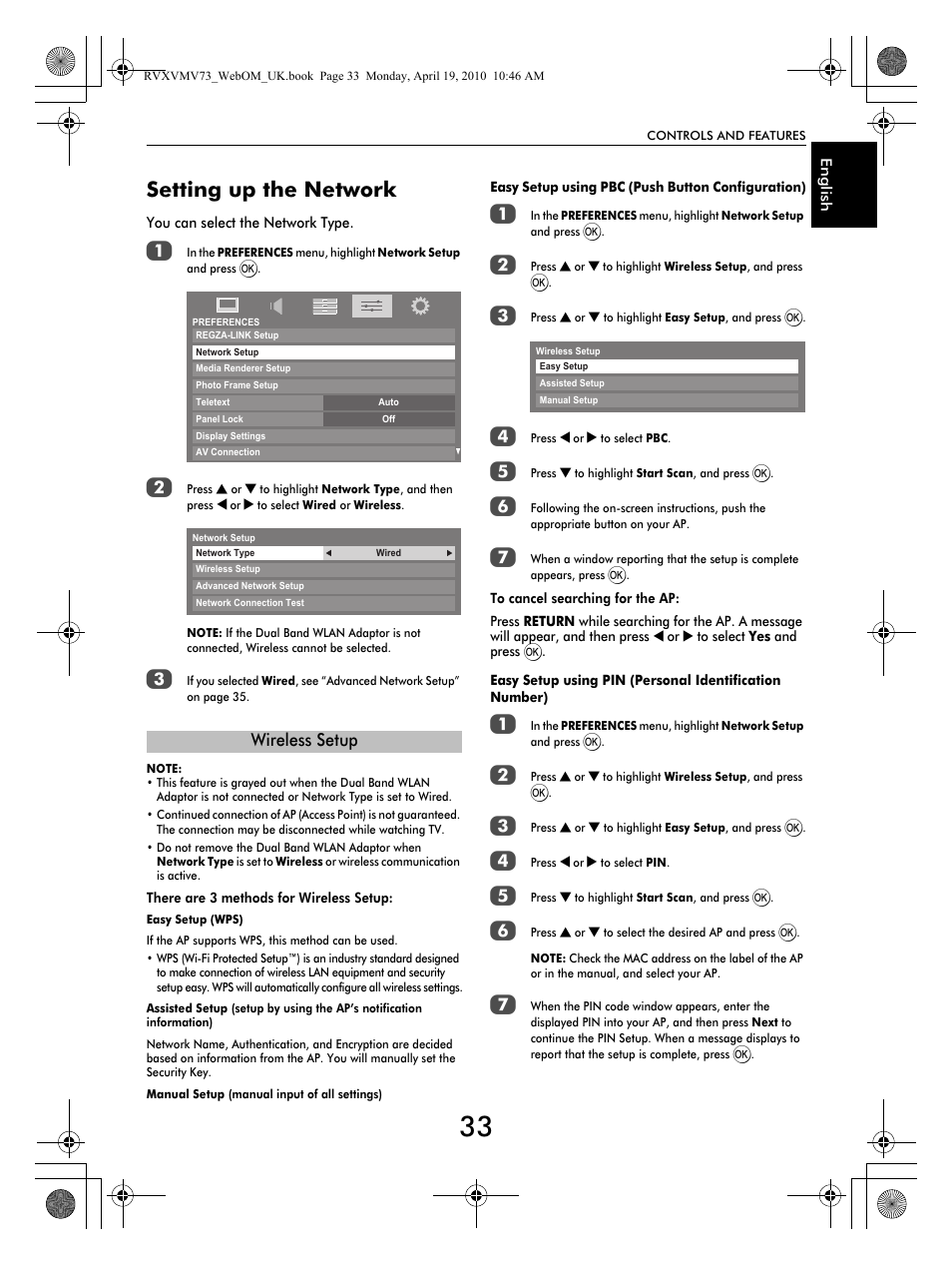 Setting up the network, Wireless setup | Toshiba MV732 User Manual | Page 33 / 73