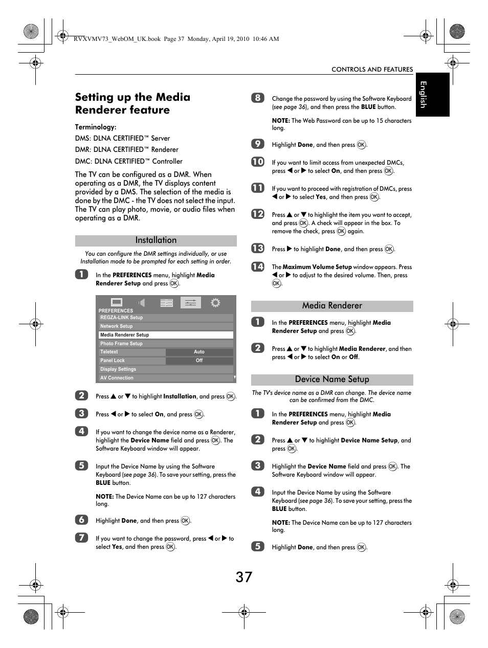 Setting up the media renderer feature | Toshiba MV732 User Manual | Page 37 / 73