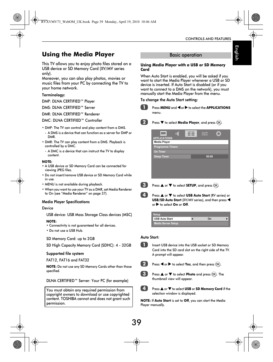 Using the media player, Basic operation | Toshiba MV732 User Manual | Page 39 / 73