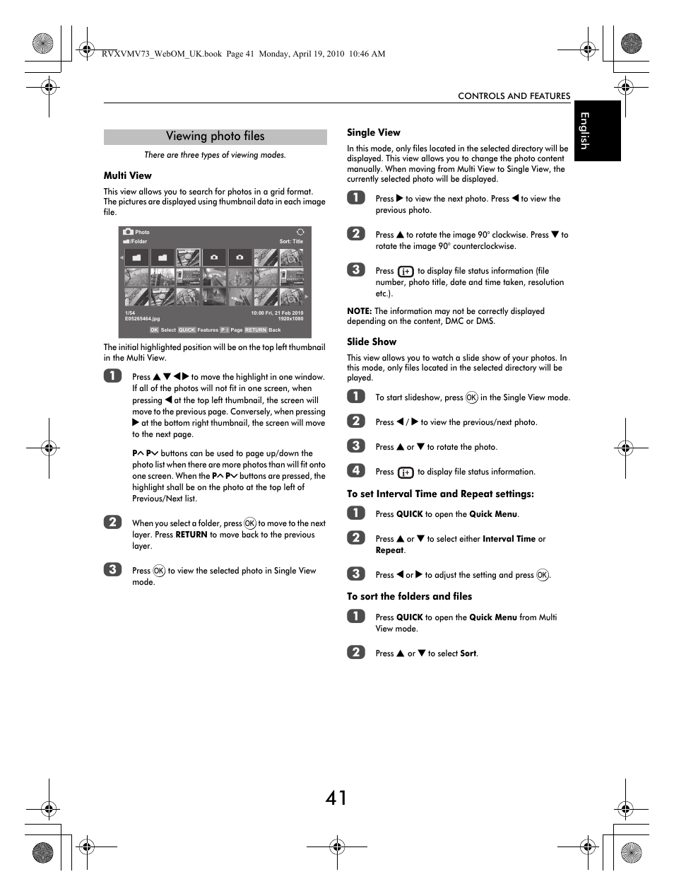 Viewing photo files | Toshiba MV732 User Manual | Page 41 / 73