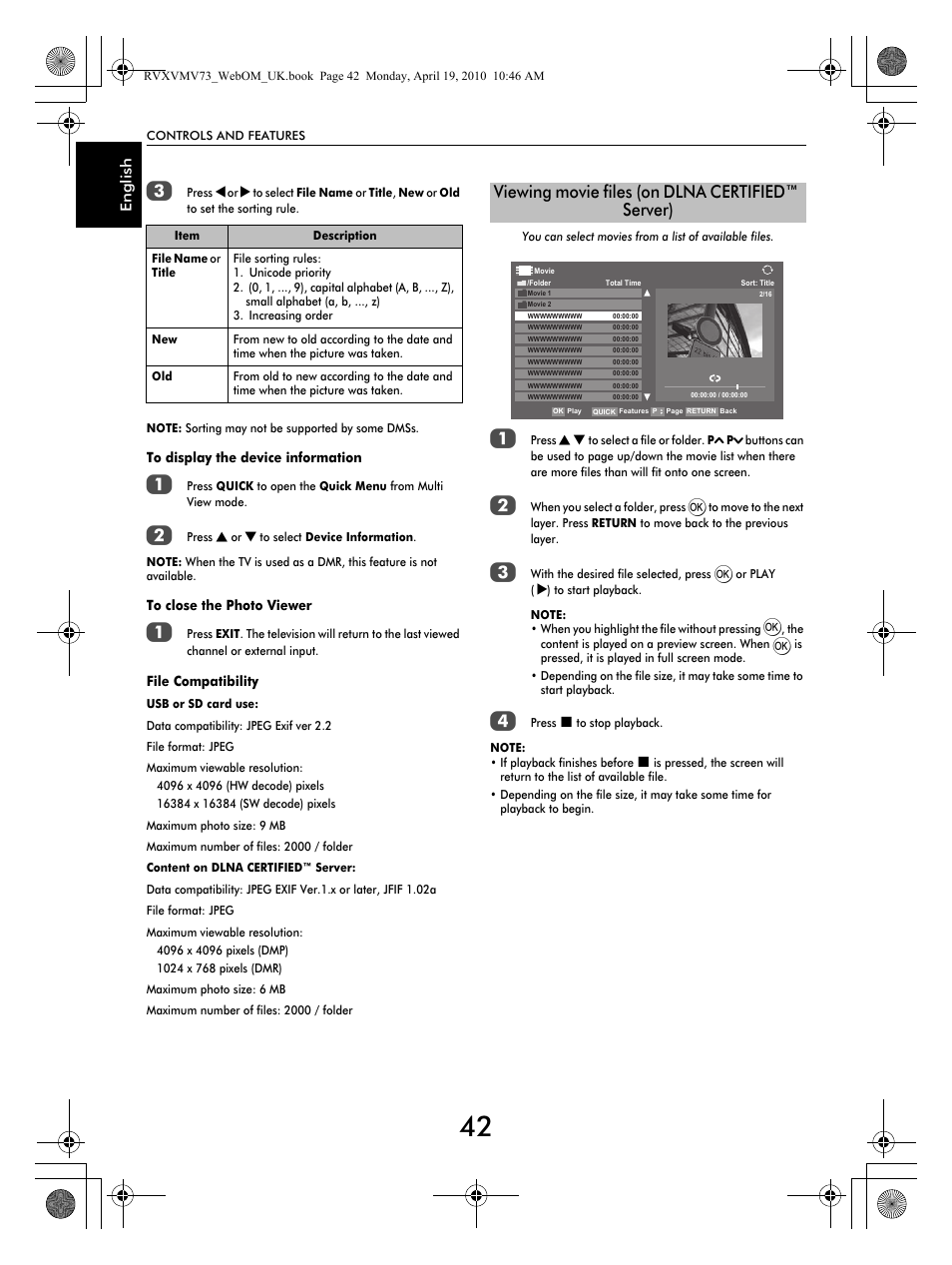 Viewing movie files (on dlna certified™ server) | Toshiba MV732 User Manual | Page 42 / 73