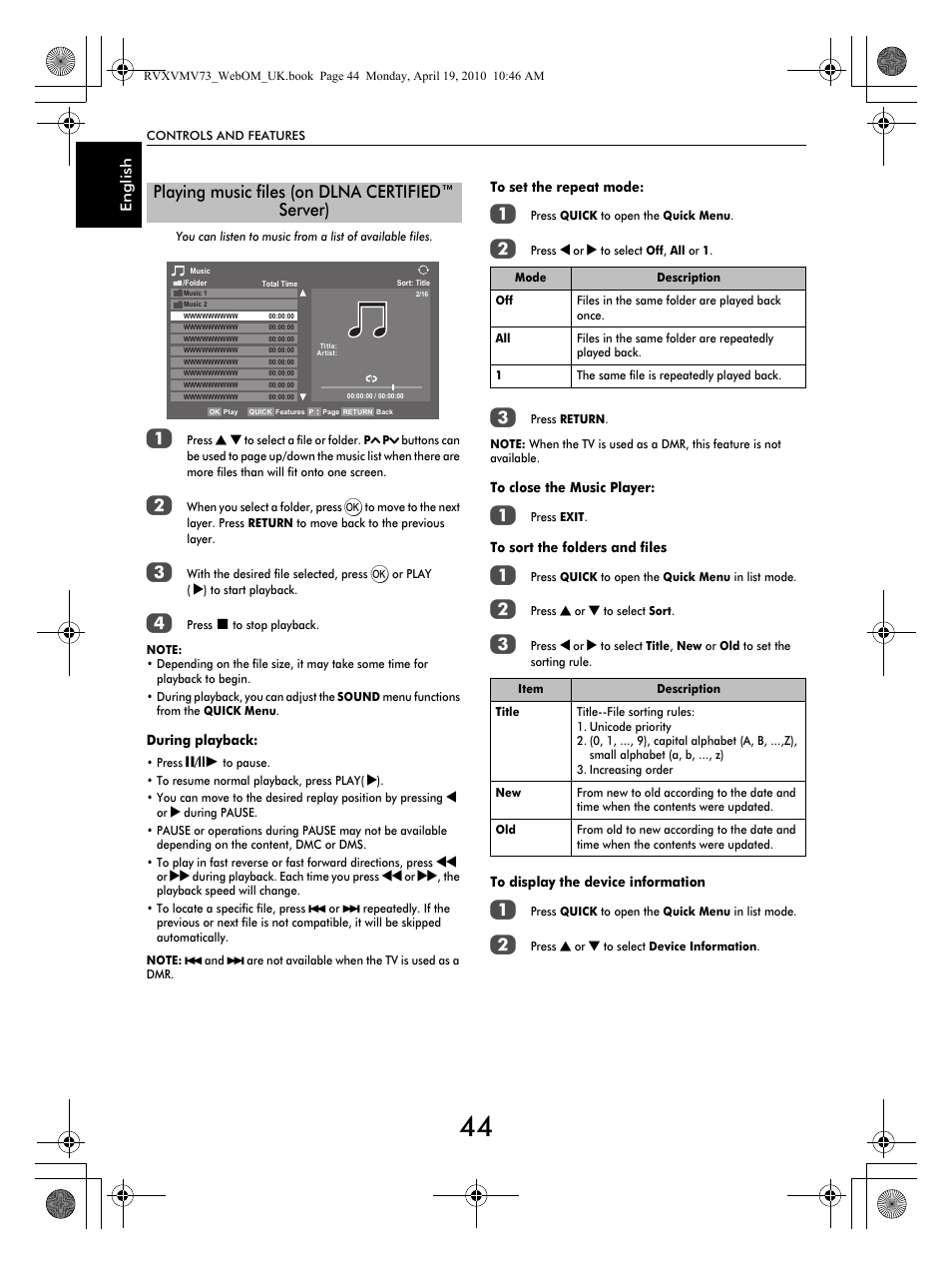 Playing music files (on dlna certified™ server) | Toshiba MV732 User Manual | Page 44 / 73