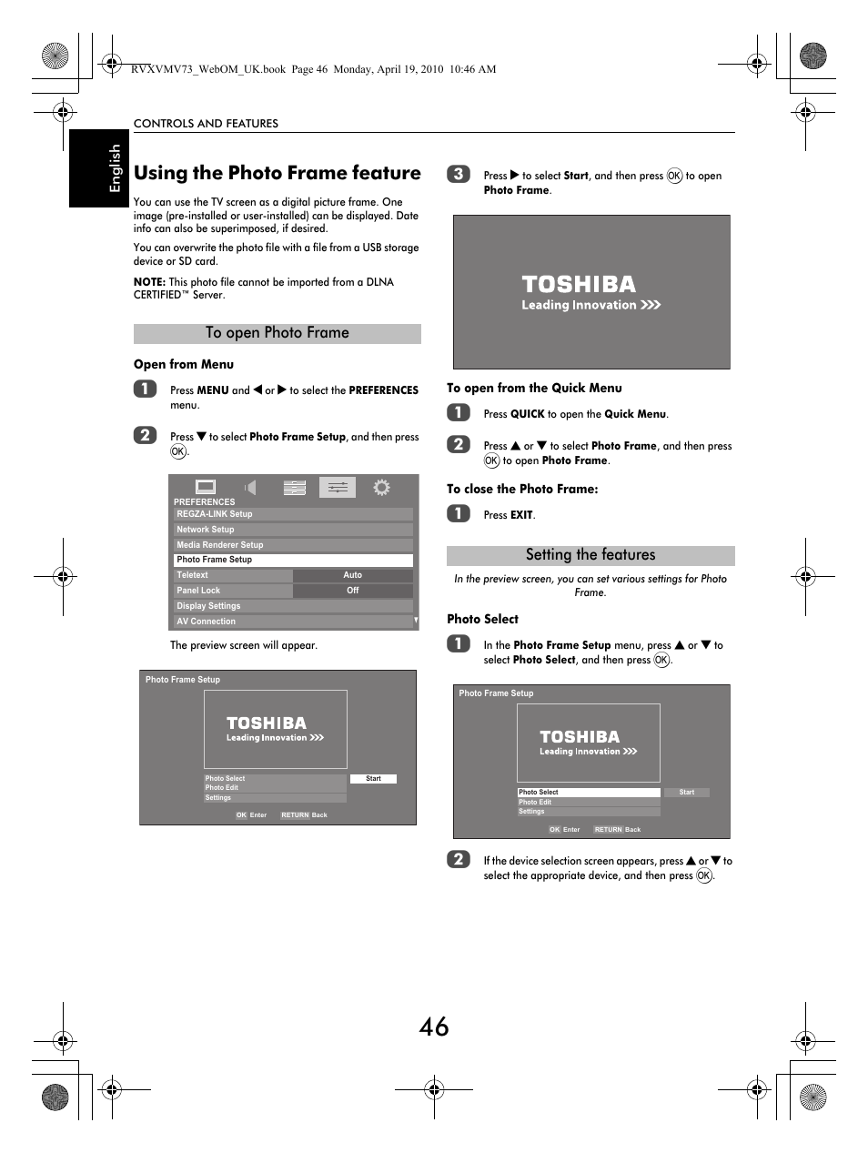 Using the photo frame feature, Setting the features | Toshiba MV732 User Manual | Page 46 / 73