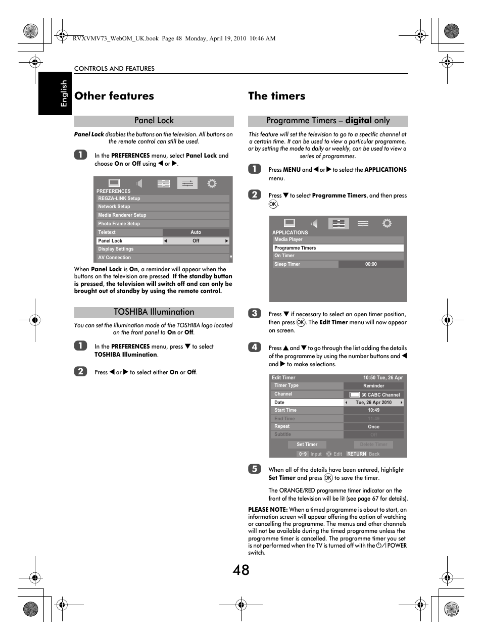 Other features, The timers, Panel lock toshiba illumination | Programme timers – digital only | Toshiba MV732 User Manual | Page 48 / 73