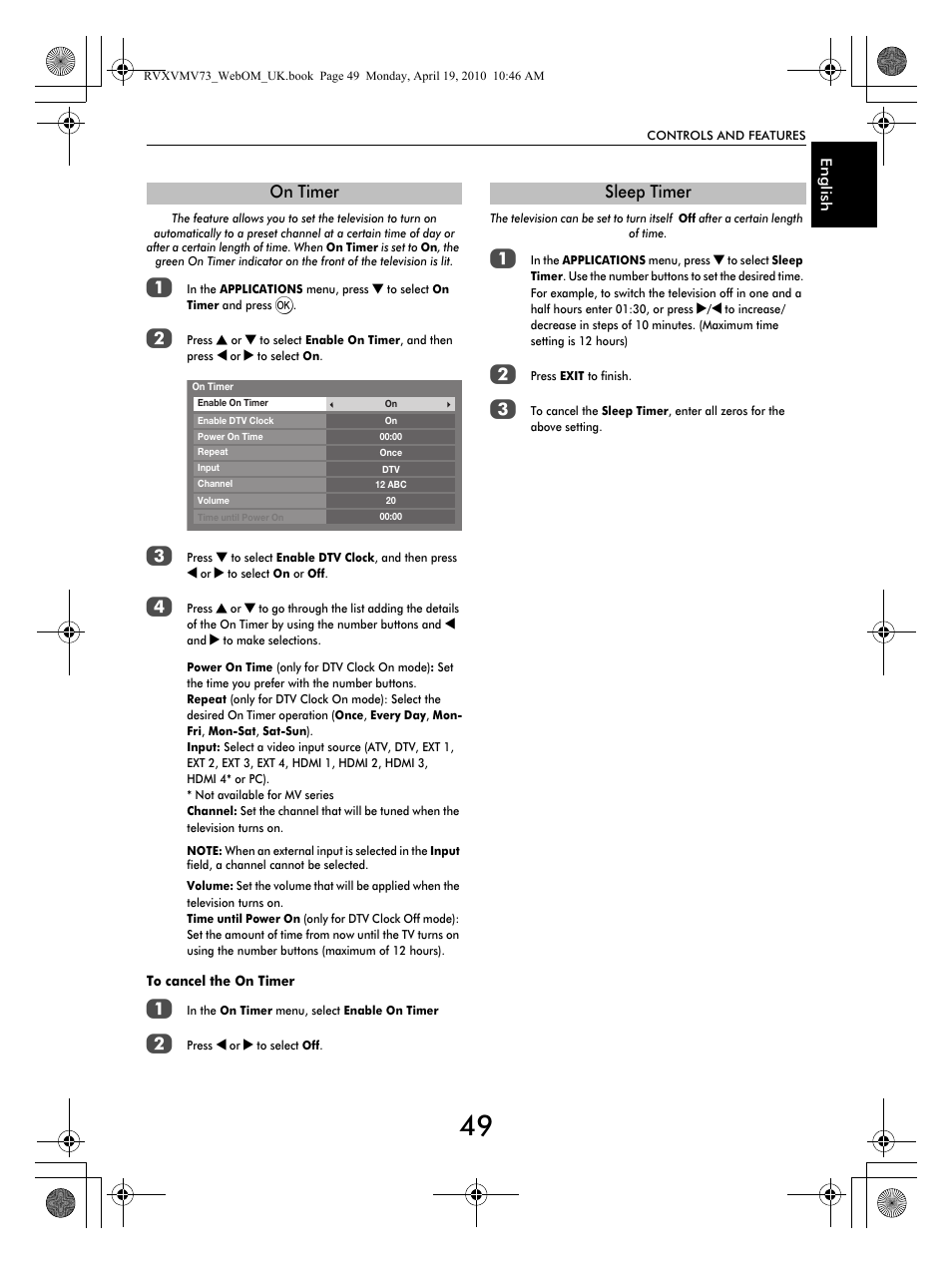 On timer, Sleep timer | Toshiba MV732 User Manual | Page 49 / 73