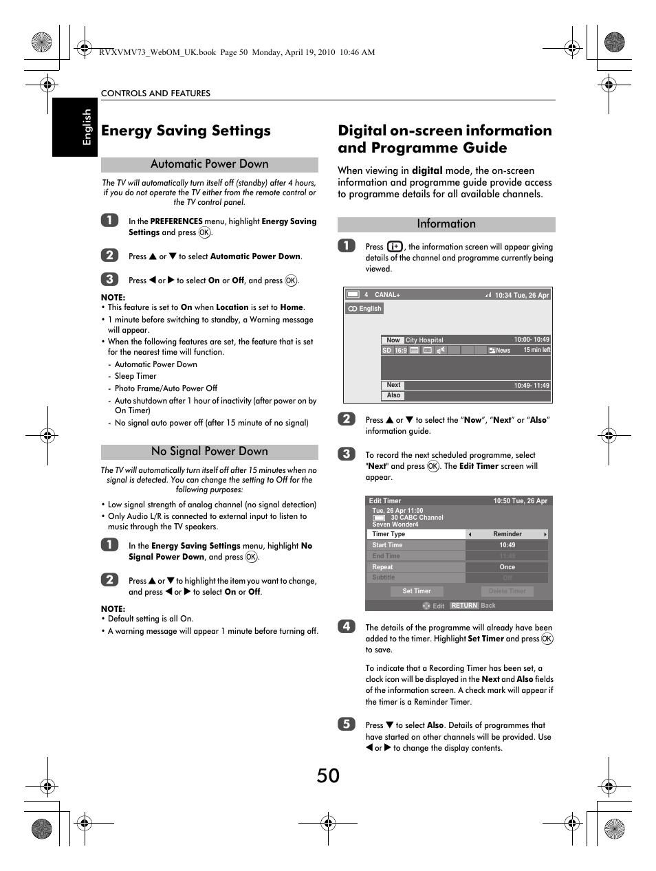 Energy saving settings, Digital on-screen information and programme guide | Toshiba MV732 User Manual | Page 50 / 73