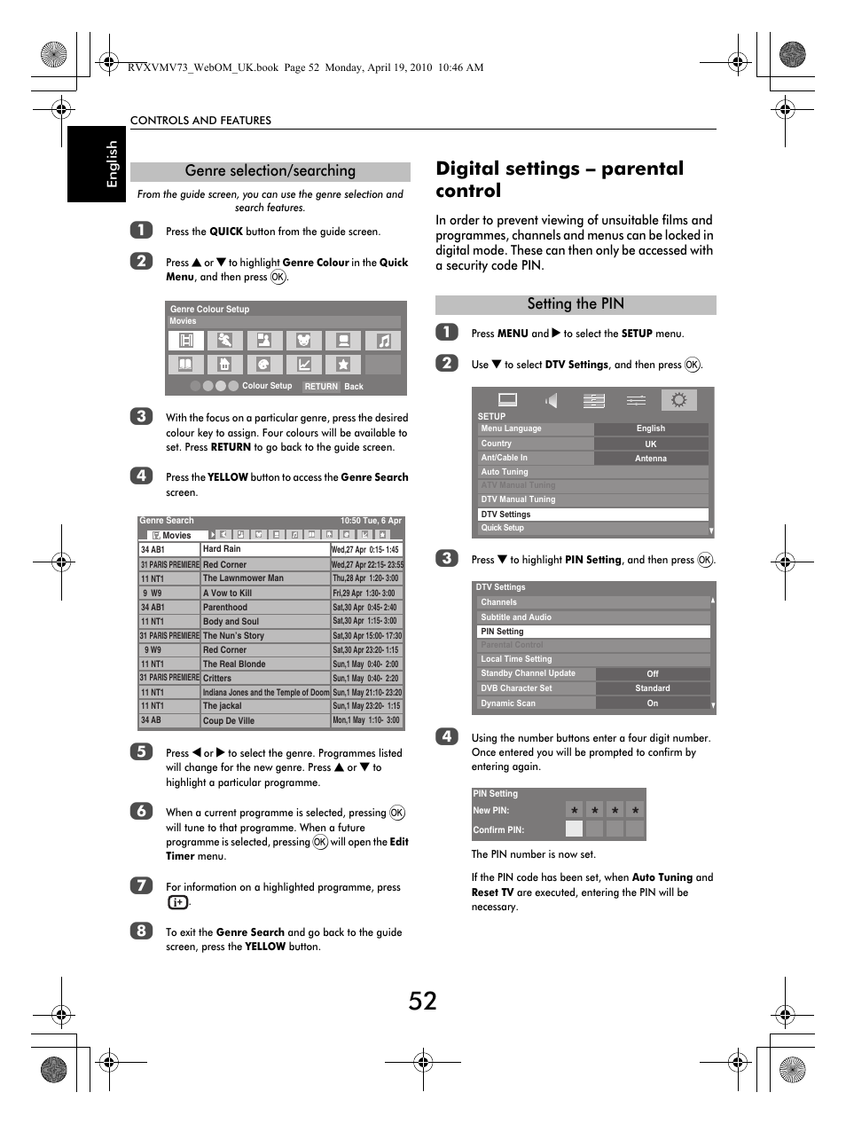 Digital settings – parental control, Genre selection/searching, Setting the pin | Toshiba MV732 User Manual | Page 52 / 73