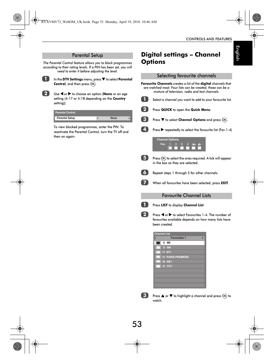 Digital settings – channel options, Parental setup | Toshiba MV732 User Manual | Page 53 / 73