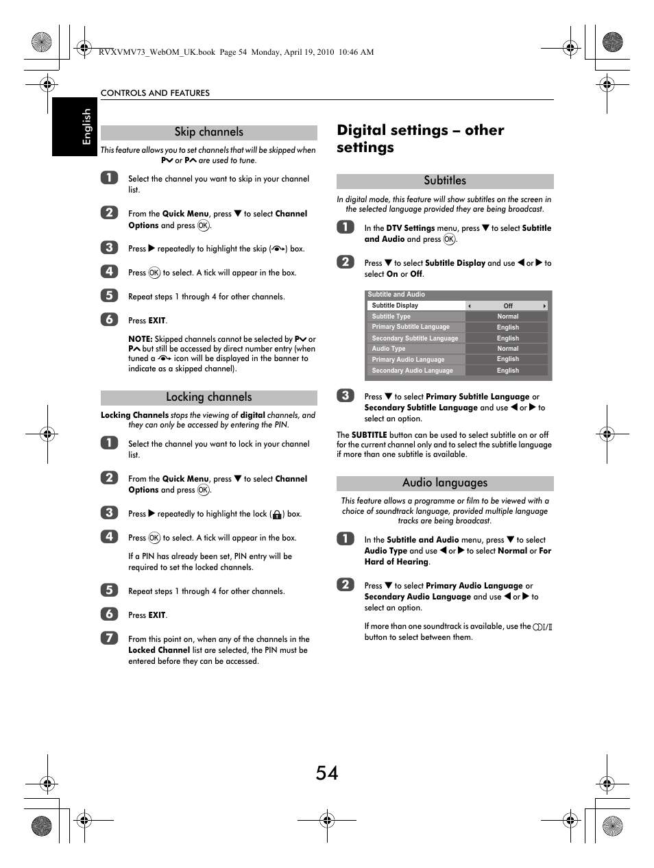 Digital settings – other settings | Toshiba MV732 User Manual | Page 54 / 73