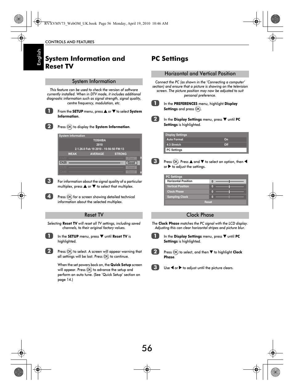 System information and reset tv, Pc settings, System information reset tv | Horizontal and vertical position clock phase | Toshiba MV732 User Manual | Page 56 / 73