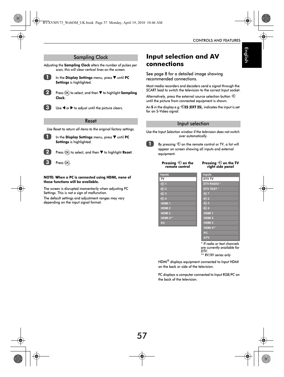 Input selection and av connections, Sampling clock reset input selection | Toshiba MV732 User Manual | Page 57 / 73