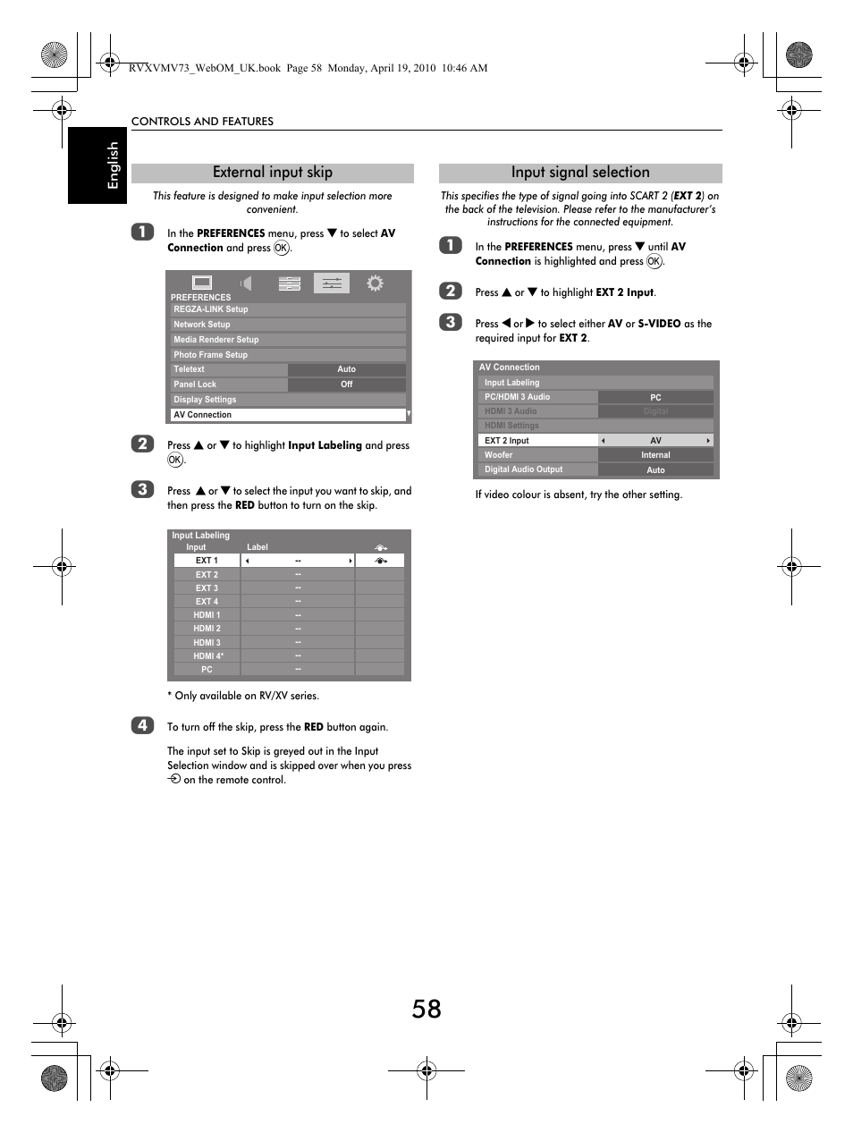 External input skip, Input signal selection | Toshiba MV732 User Manual | Page 58 / 73