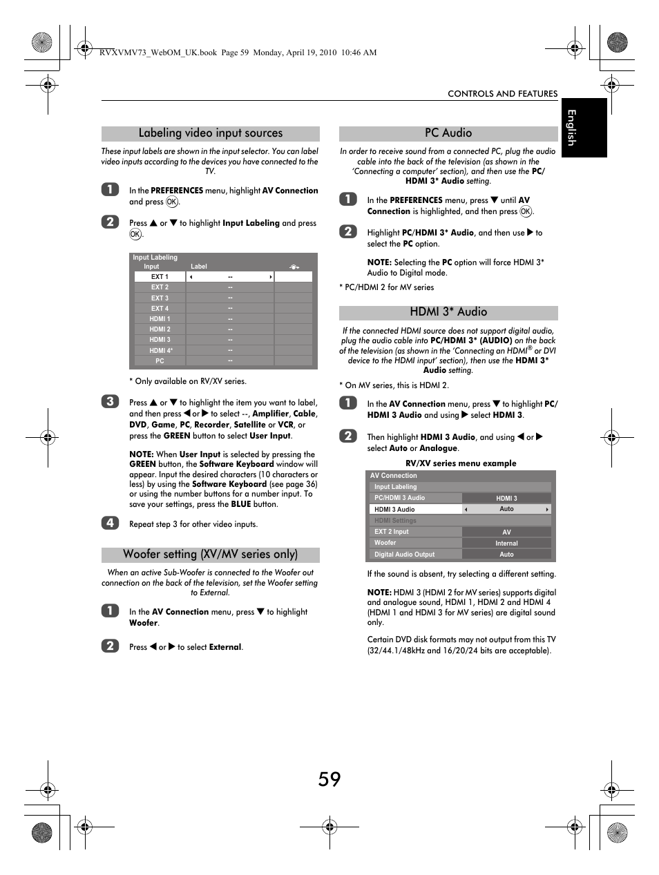 Pc audio hdmi 3* audio | Toshiba MV732 User Manual | Page 59 / 73