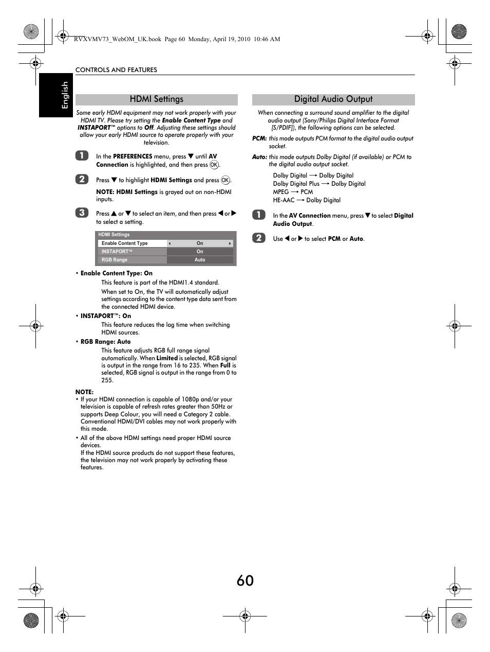 Hdmi settings, Digital audio output | Toshiba MV732 User Manual | Page 60 / 73