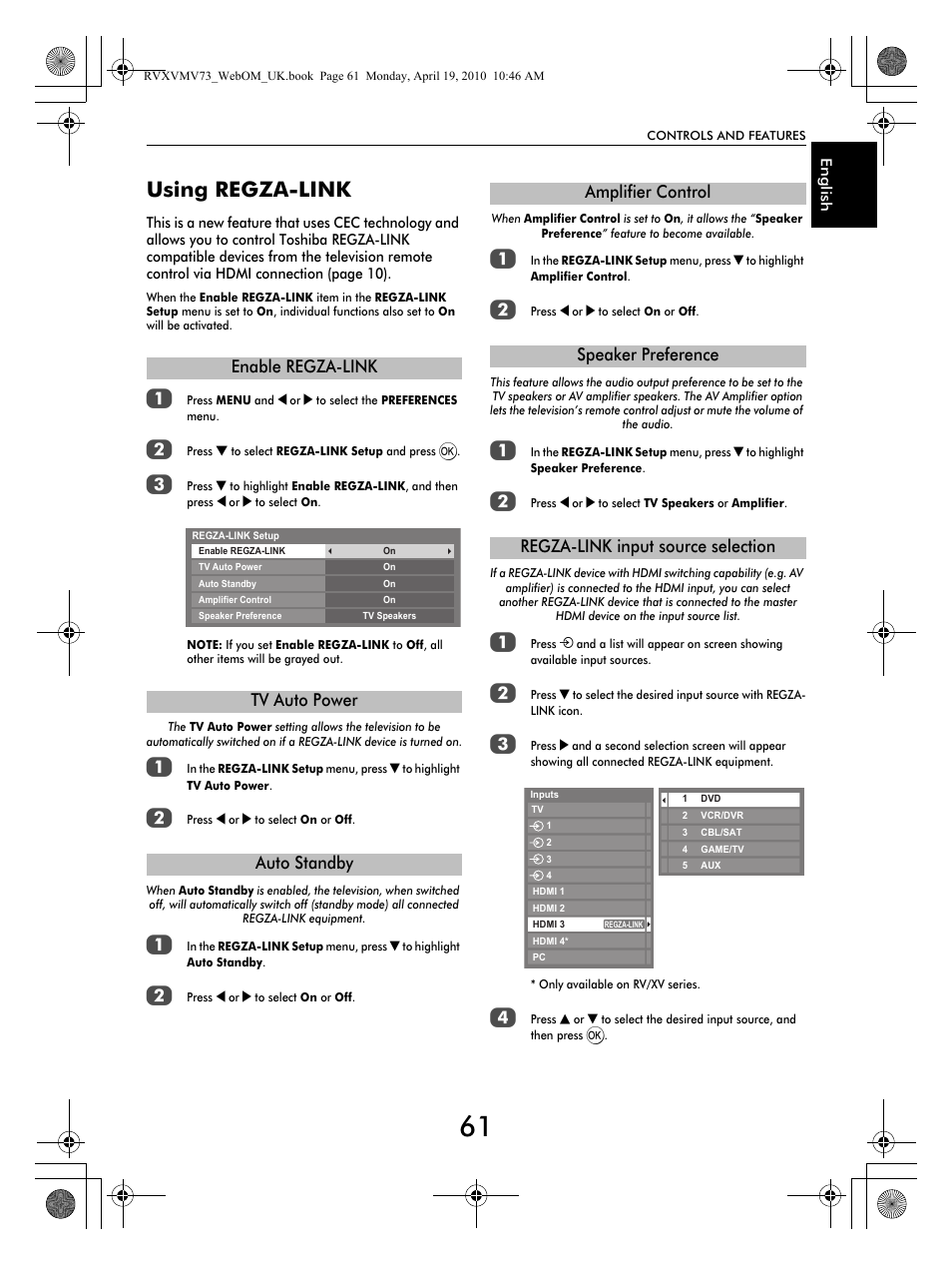 Using regza-link, Enable regza-link tv auto power auto standby | Toshiba MV732 User Manual | Page 61 / 73