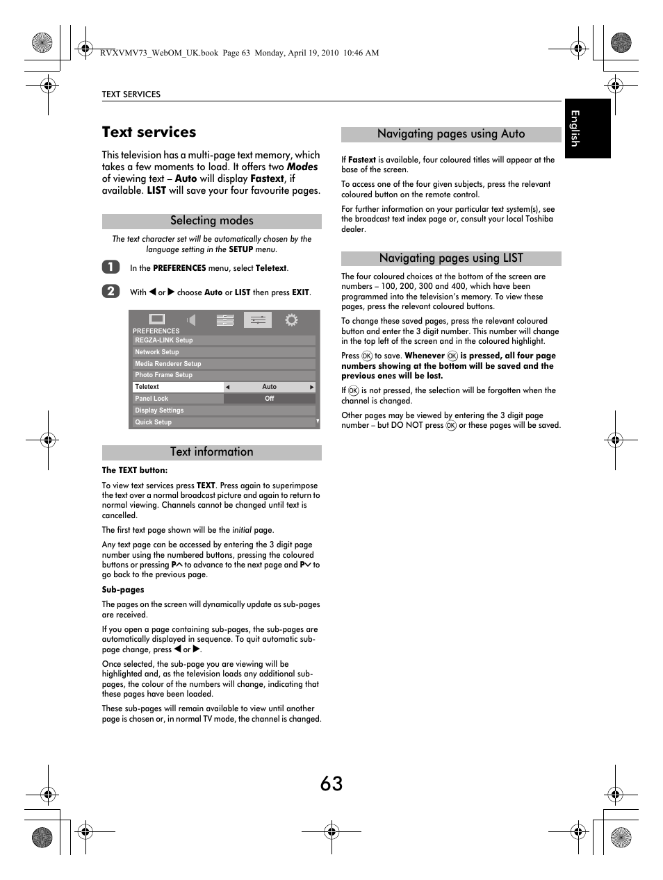 Text services, Selecting modes text information | Toshiba MV732 User Manual | Page 63 / 73