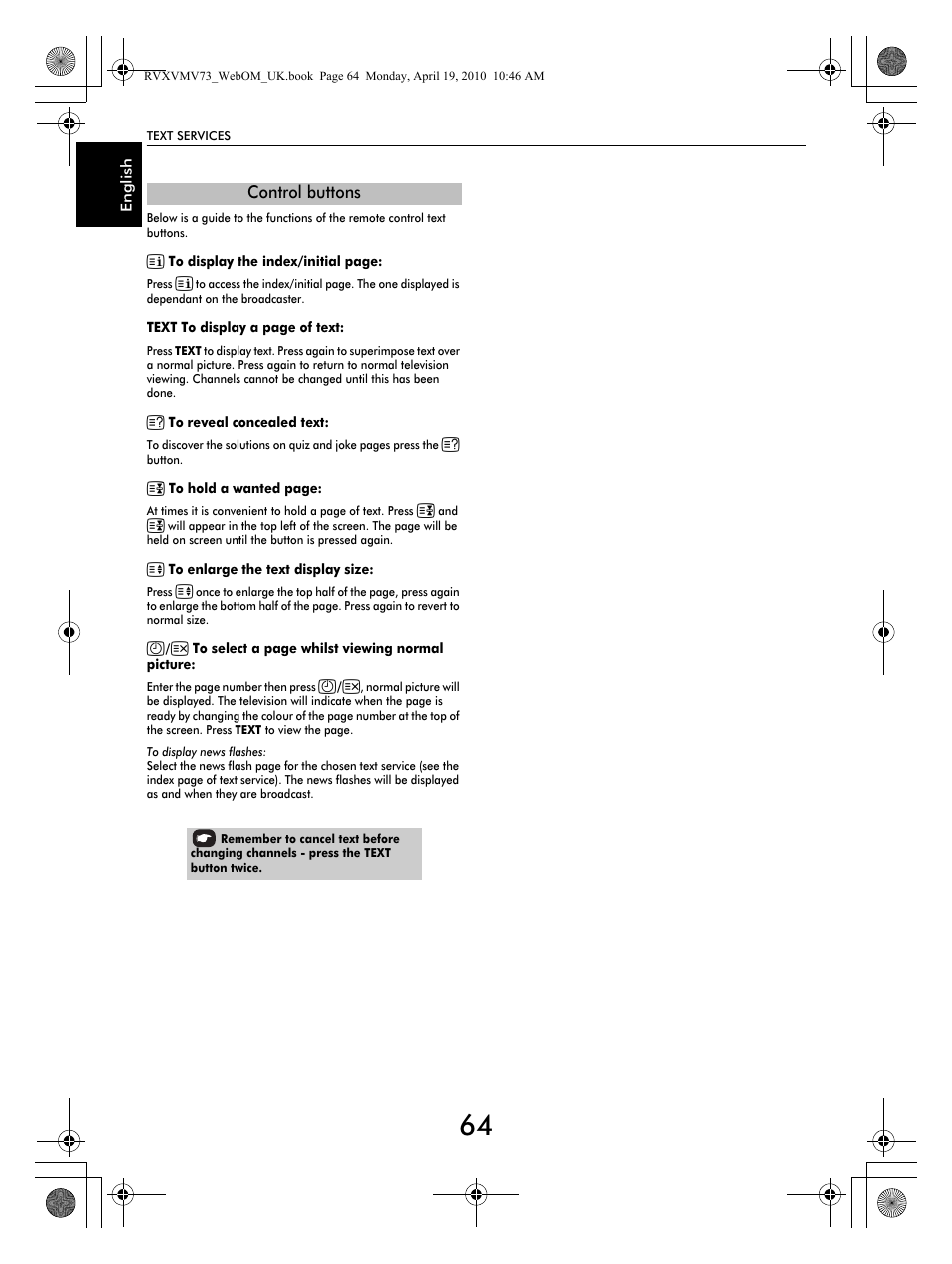 Control buttons | Toshiba MV732 User Manual | Page 64 / 73