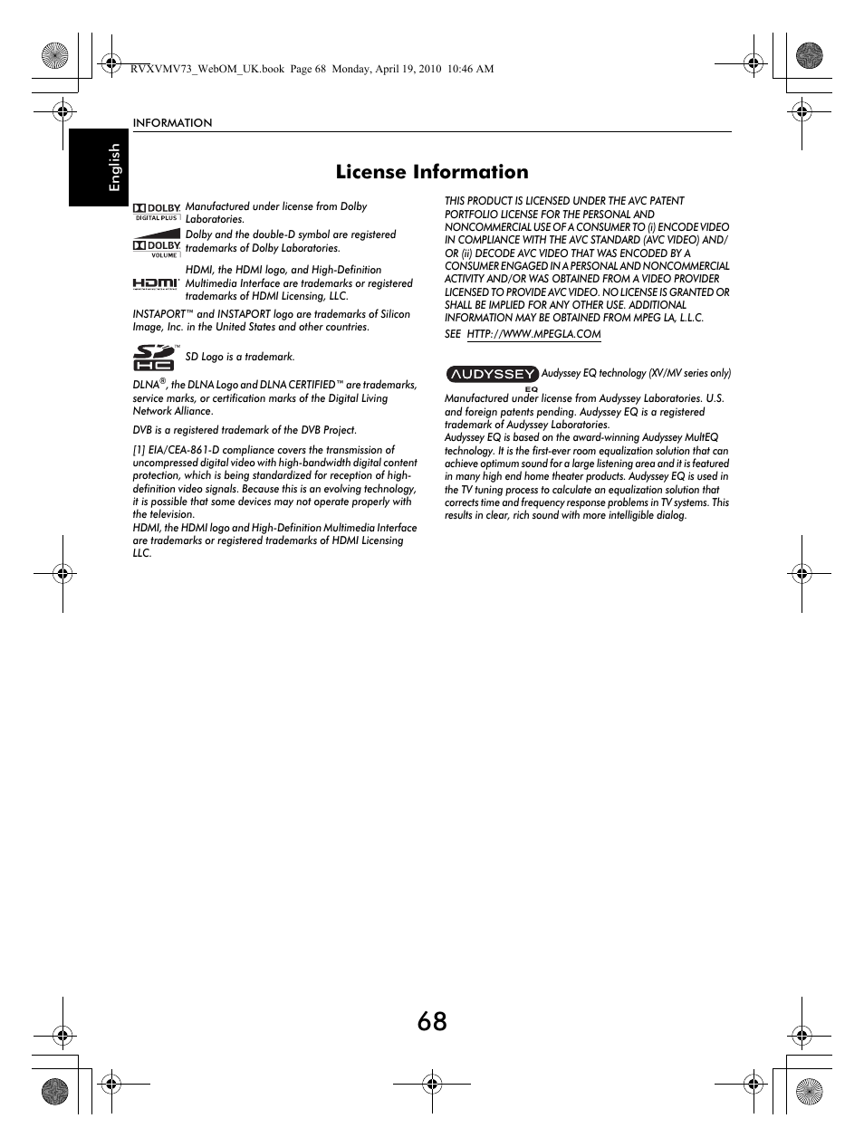 License information | Toshiba MV732 User Manual | Page 68 / 73