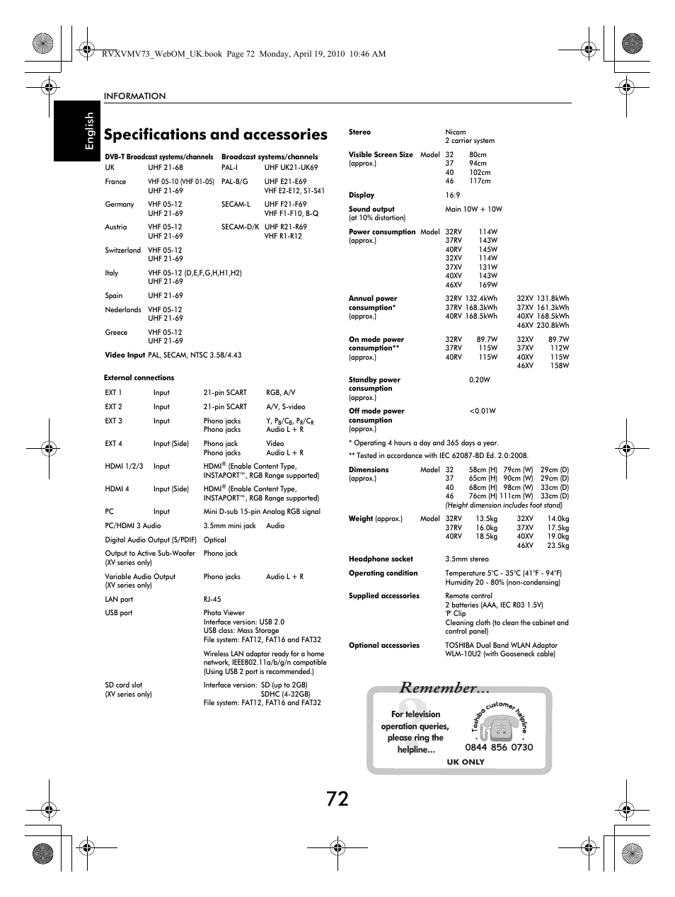 Specifications and accessories, En g li sh | Toshiba MV732 User Manual | Page 72 / 73