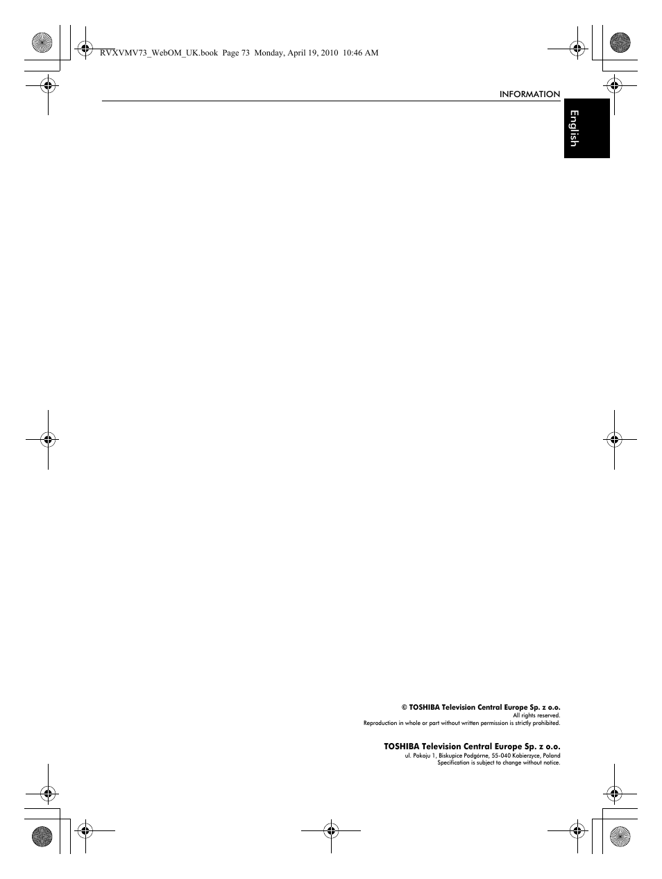 En glish | Toshiba MV732 User Manual | Page 73 / 73