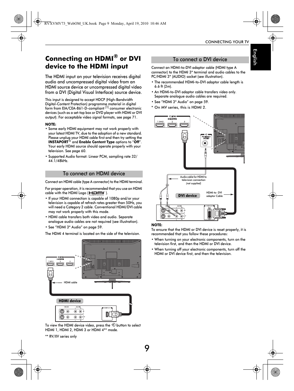 Connecting an hdmi, Or dvi device to the hdmi input | Toshiba MV732 User Manual | Page 9 / 73