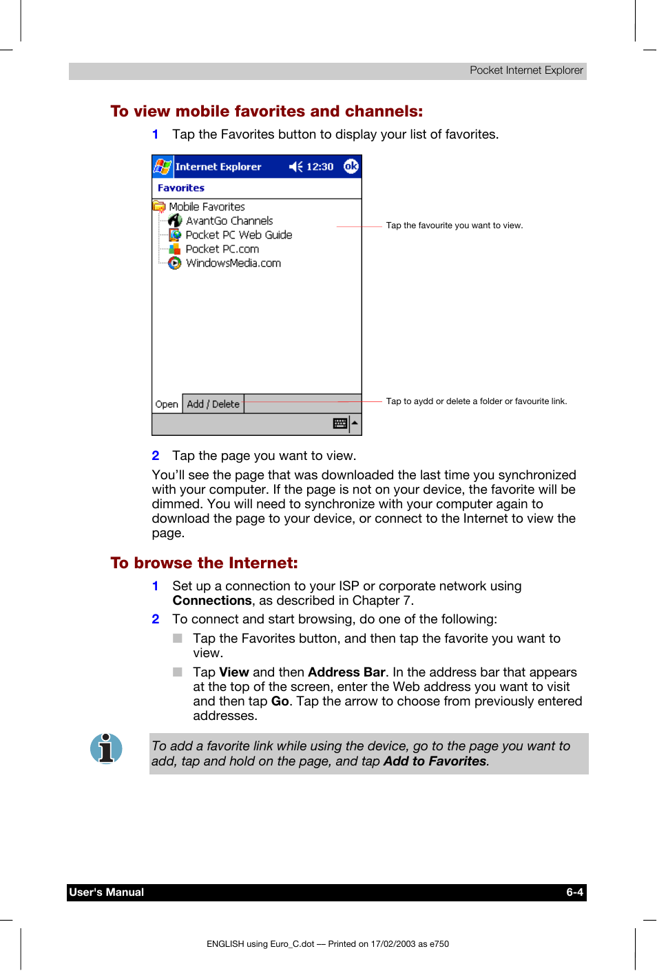 To view mobile favorites and channels, To browse the internet | Toshiba Pocket PC e750 User Manual | Page 100 / 177