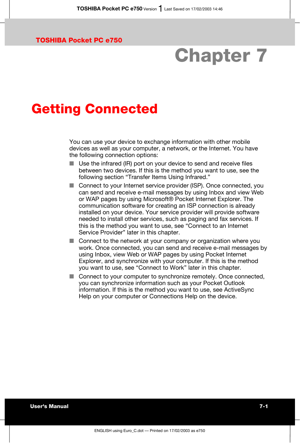 Chapter 7 getting connected, Chapter 7, Getting connected | Toshiba Pocket PC e750 User Manual | Page 101 / 177