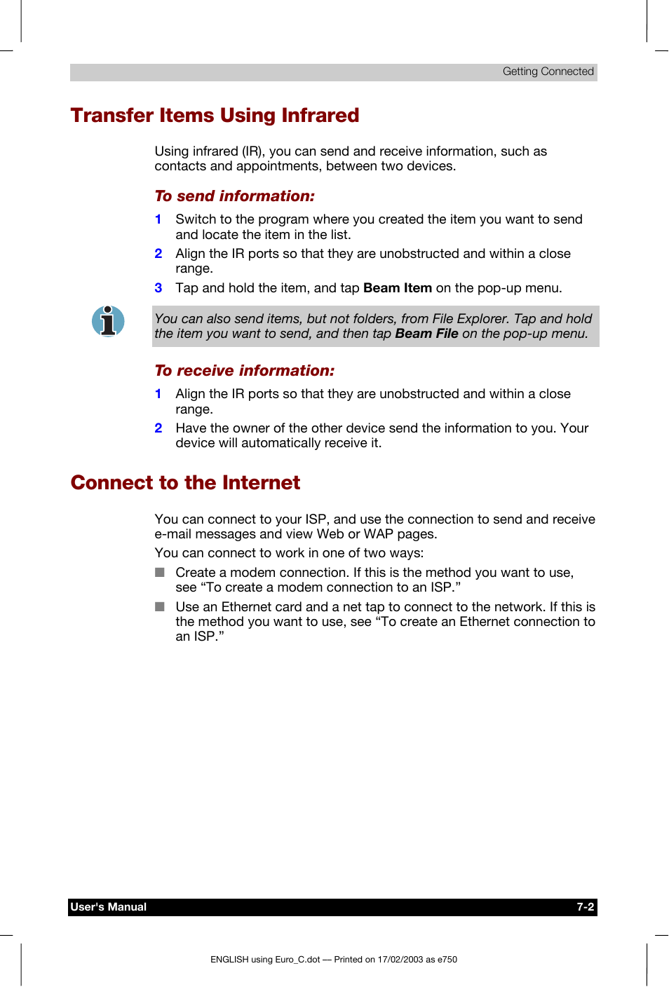 Transfer items using infrared, Connect to the internet | Toshiba Pocket PC e750 User Manual | Page 102 / 177