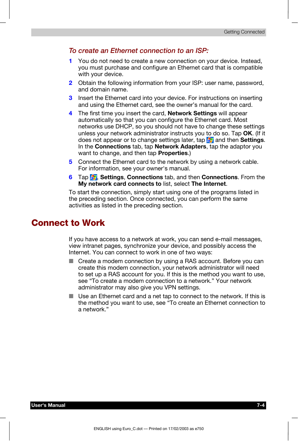 Connect to work | Toshiba Pocket PC e750 User Manual | Page 104 / 177