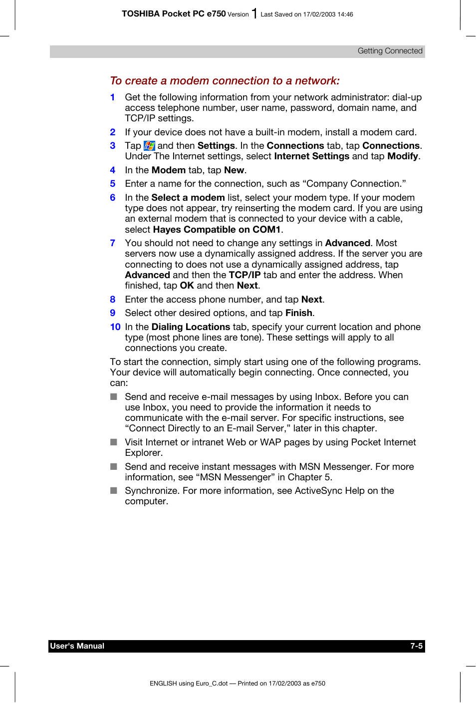 Toshiba Pocket PC e750 User Manual | Page 105 / 177