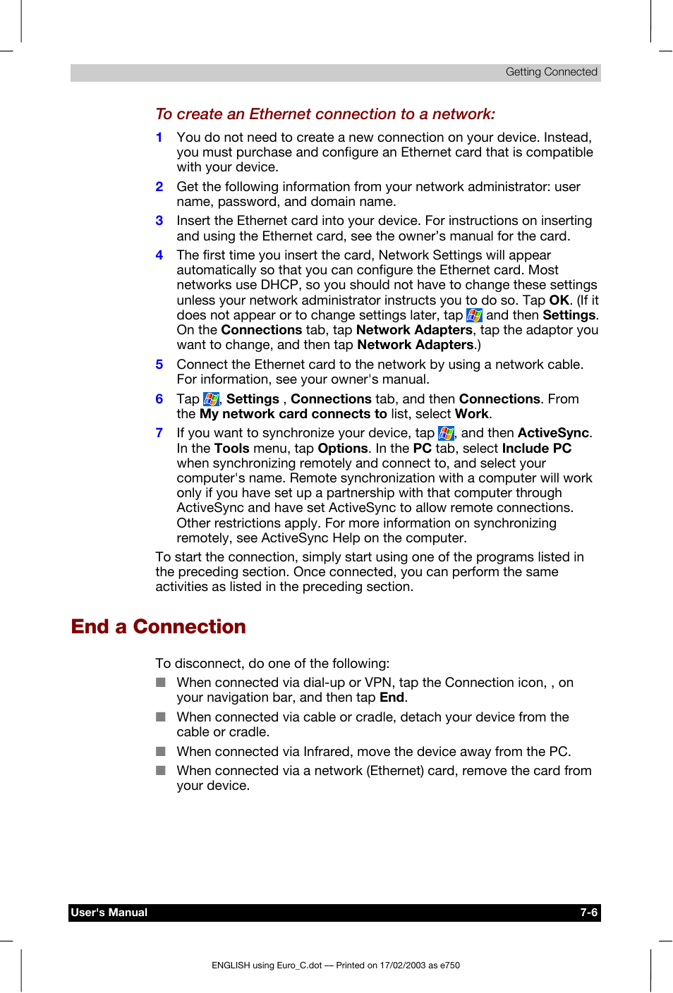 End a connection | Toshiba Pocket PC e750 User Manual | Page 106 / 177