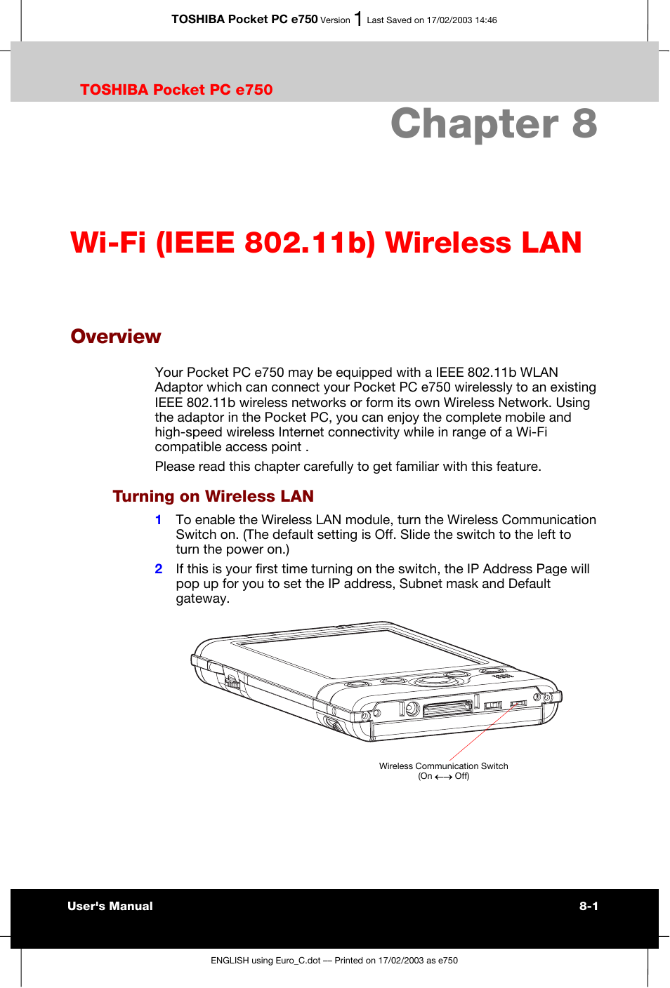 Chapter 8 wi-fi (ieee 802.11b) wireless lan, Overview, Turning on wireless lan | Chapter 8, Wi-fi (ieee 802.11b) wireless lan | Toshiba Pocket PC e750 User Manual | Page 108 / 177