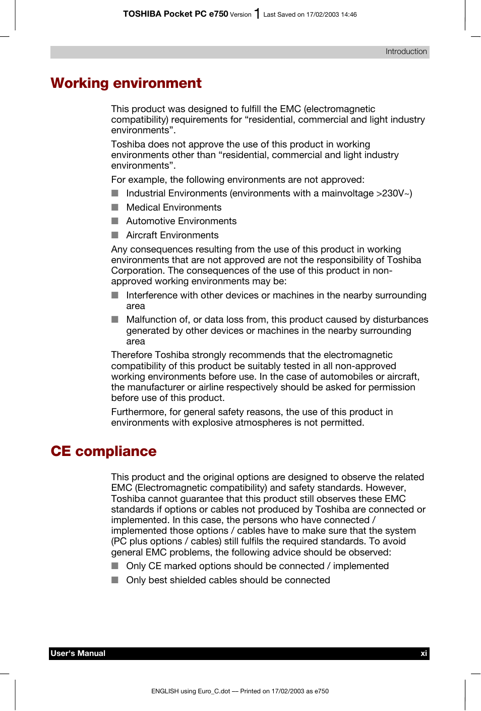 Working environment, Ce compliance | Toshiba Pocket PC e750 User Manual | Page 11 / 177