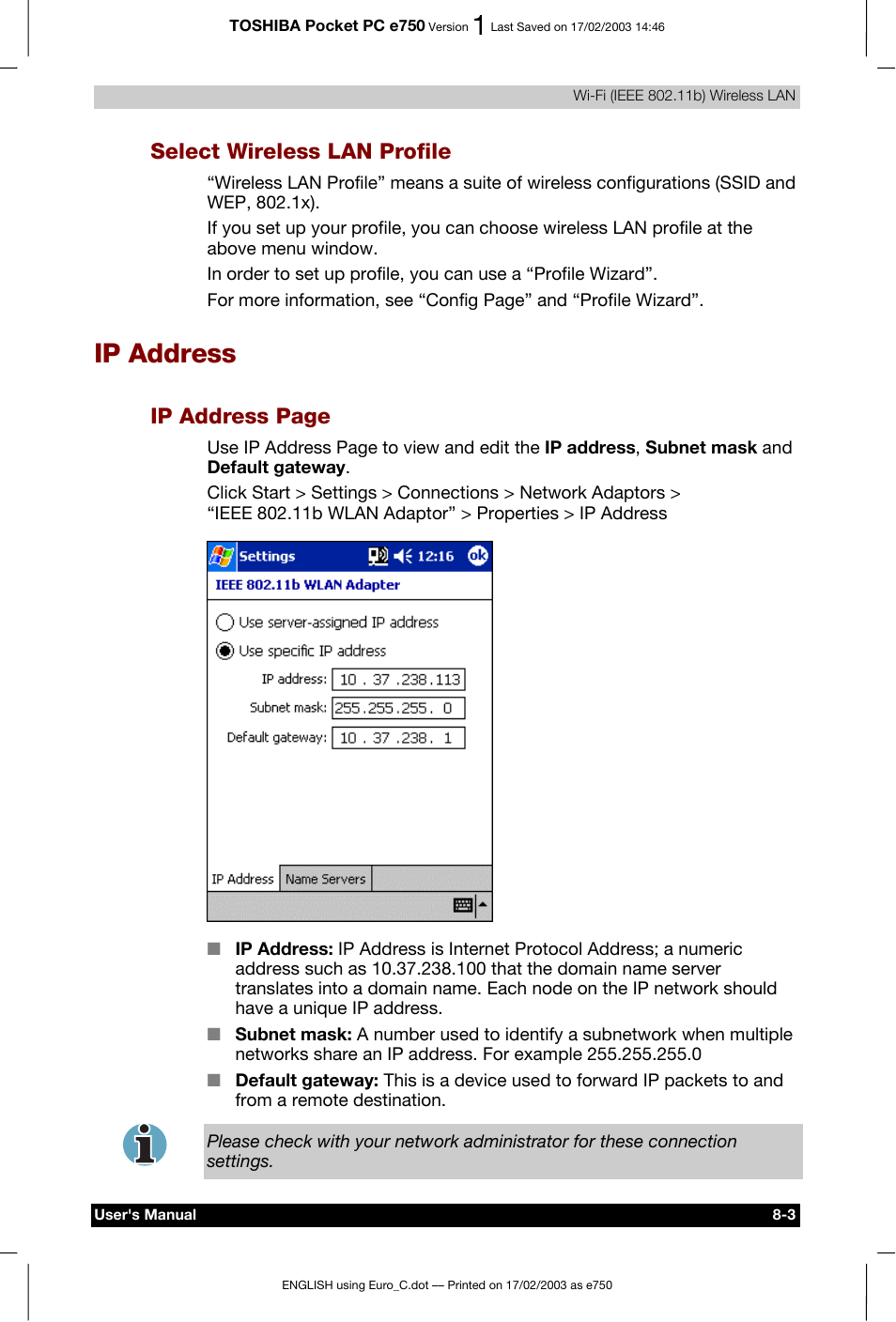 Select wireless lan profile, Ip address, Ip address page | Toshiba Pocket PC e750 User Manual | Page 110 / 177